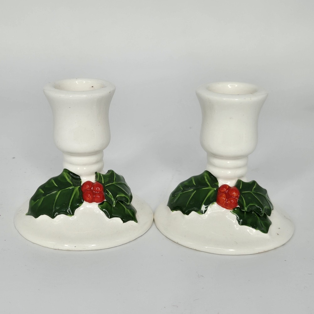 Vtg Pair Lillian Vernon Christmas Candle Stick Holder White‎ Ceramic Holly Set 2